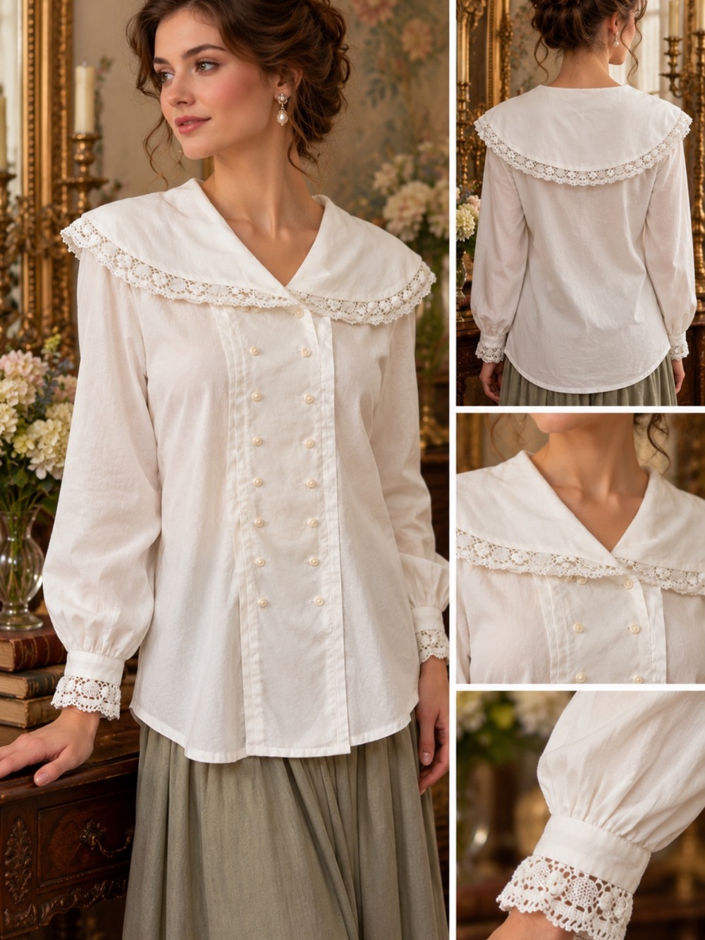Vintage 80's Laura Ashley Blouse EUC! Size 14 White Oversized Collar Lace Trim